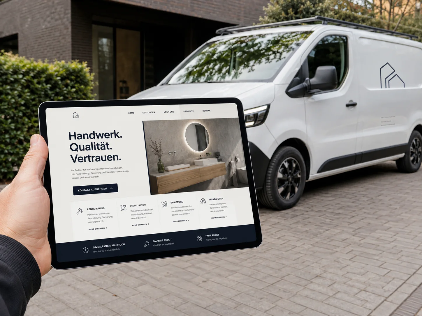 Tablet mit Website-Konzept für einen Handwerksbetrieb vor einem Servicefahrzeug