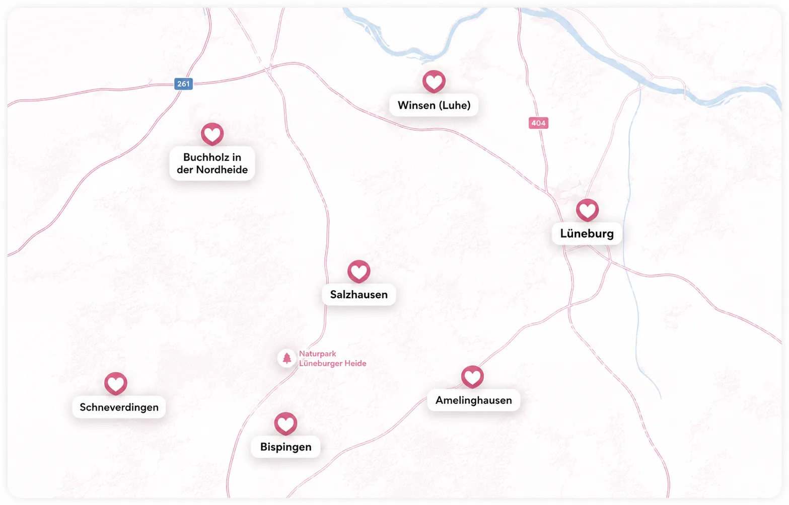 Karte des Einzugsgebiets von Studio Lüneweb mit Salzhausen, Lüneburg, Winsen, Buchholz, Amelinghausen, Bispingen und Schneverdingen