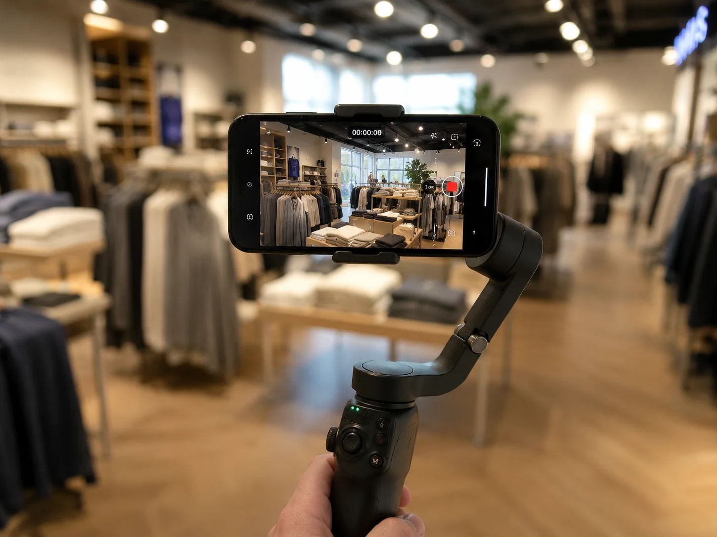 Smartphone auf einem Gimbal bei einer Social-Media-Produktion im Einzelhandel